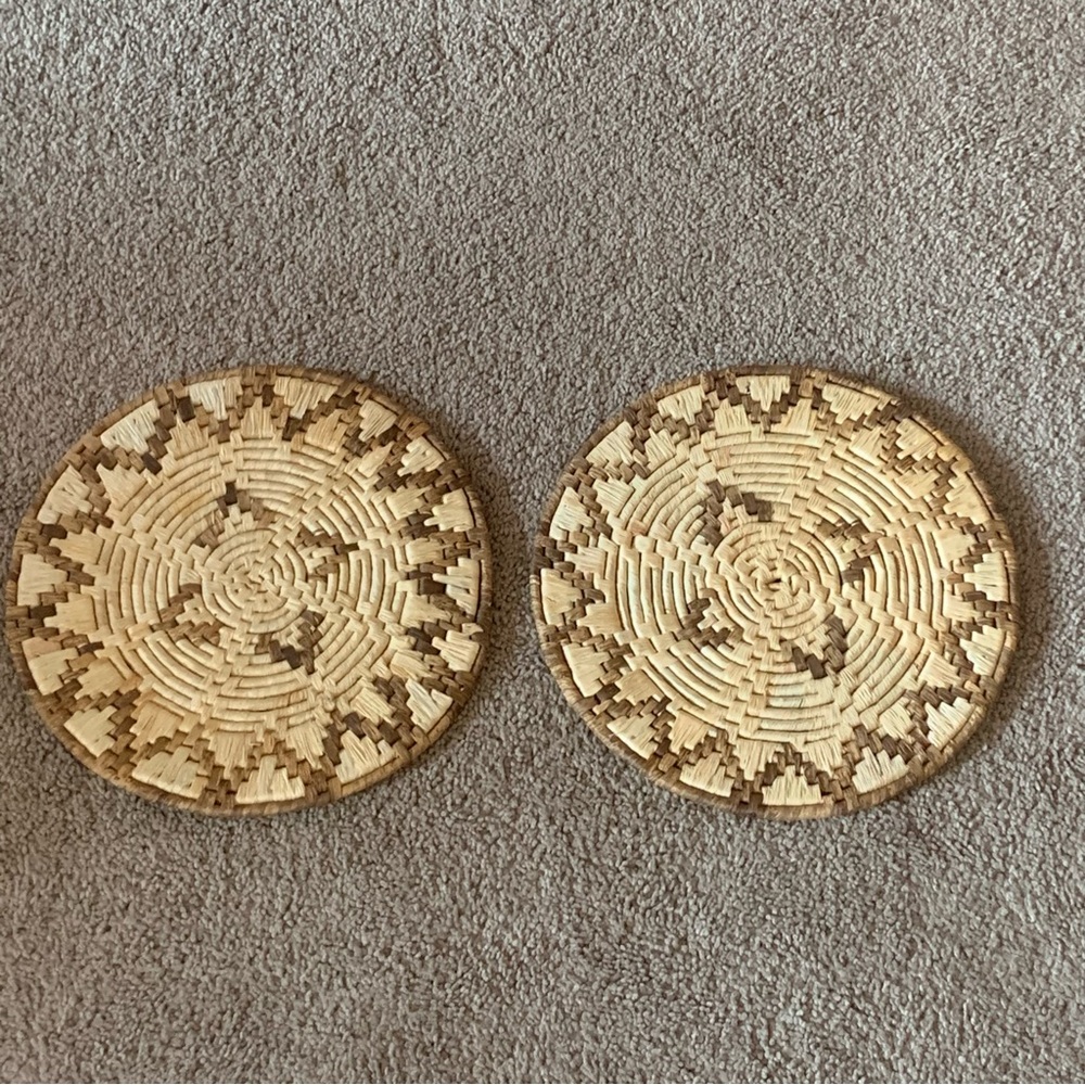 Handcrafted tan & brown hand woven coiled flat baskets wall art decor placemats